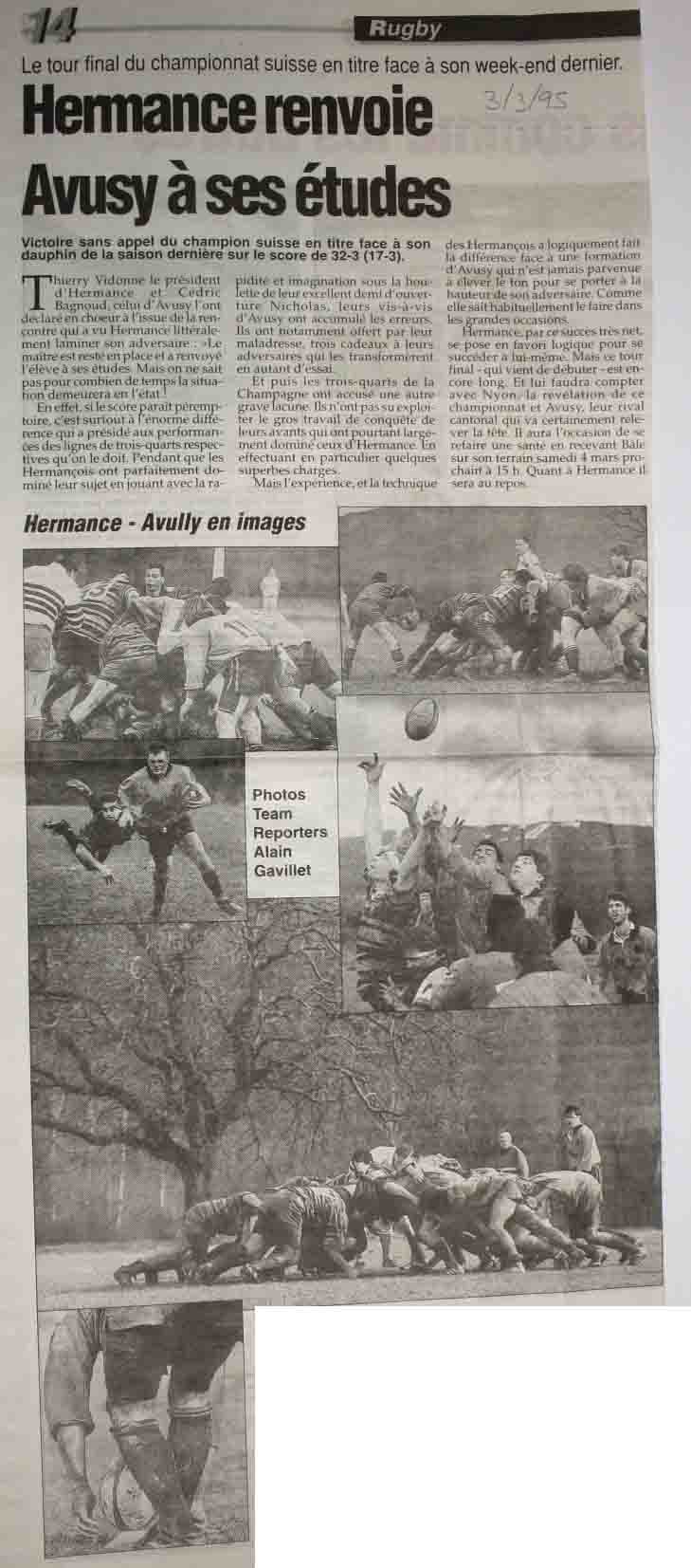 Saison 1994-1995 La presse sur le Hermance Région Rugby Club